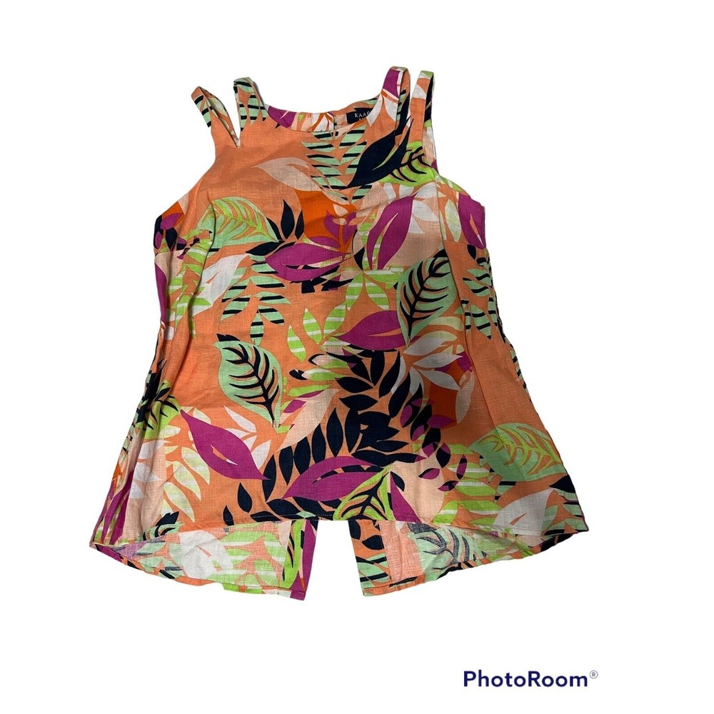 kaari blue 100% linen multi color‎ floral  Sleeveless print top Sz XS
